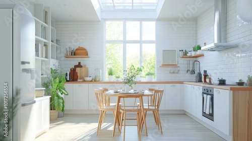 A modern kitchen with white subway tiles and a skylight, filling the room with natural light.