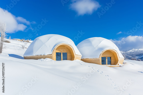 Snow-covered geodesic domes used as eco-friendly homes in a winter landscape photo