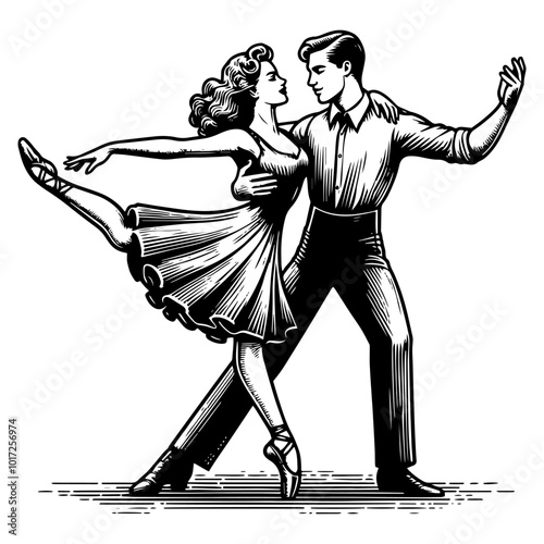 Dancing couple in vintage style illustration. Generative ai.