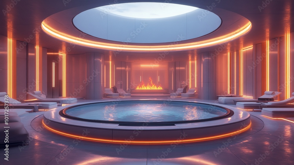 A futuristic circular spa with glass hot tubs surrounding a central infinity pool, glowing neon accents, and sleek white relaxation chairs A futuristic circular spa with glass hot tubs surrounding a central infinity pool, glowing neon accents, and sleek white relaxation chairs