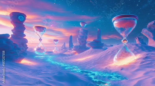 Vast desert with enormous hourglasses suspended in mid-air, spilling sands into glowing dunes, clocks bloom from the earth, surreal fantasy, neon palette, high-detail, digital art photo