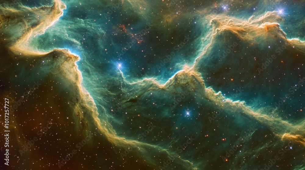 A nebula with swirling green and blue gases, creating intricate cosmic shapes against the stars.