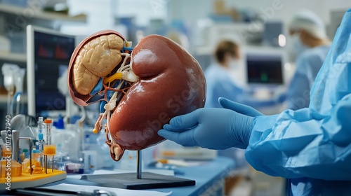 Anatomy of human liver detailed view of lobes and ducts hepatologist with imaging equipment hospital setting with liver models photo