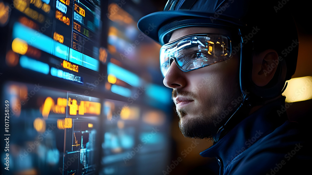 A focused worker in a helmet analyzes data on digital screens. A focused worker in a helmet analyzes data on digital screens.