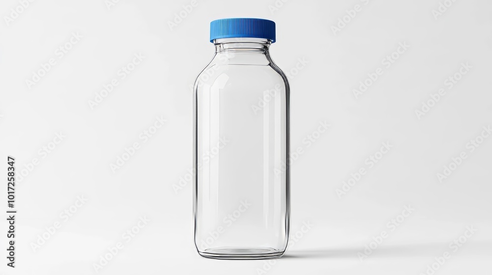 White glass bottle, no label, blue cap, isolated on white, side view. White glass bottle, no label, blue cap, isolated on white, side view.