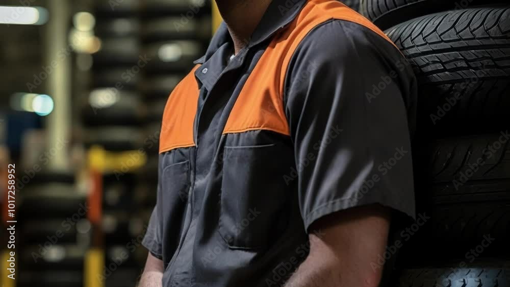 Mechanic is leaning against a stack of tires in a dimly lit garage, looking contemplative as he considers his next task Mechanic is leaning against a stack of tires in a dimly lit garage, looking contemplative as he considers his next task