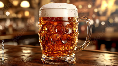 A frothy beer mug on a wooden bar counter in a cozy setting.