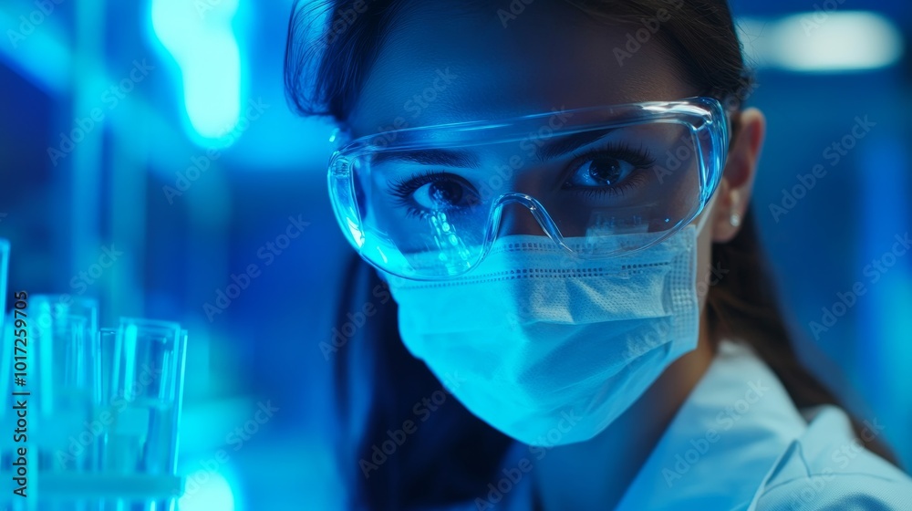 A female scientist working in a laboratory, with tubes in blue light. The medical equipment. A female scientist working in a laboratory, with tubes in blue light. The medical equipment.