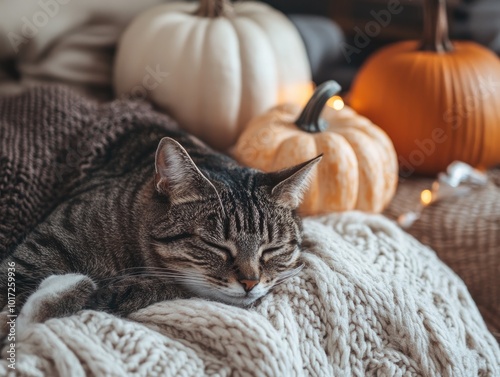 Cozy cat resting at home with decorative pumpkin photo