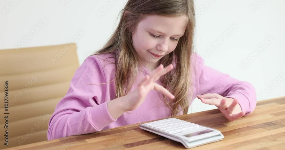 Little girl with curious expression presses buttons on calculator. Concentrated blonde child uses calculator to solve basic math problems Little girl with curious expression presses buttons on calculator. Concentrated blonde child uses calculator to solve basic math problems