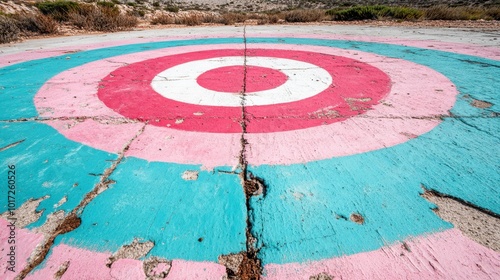 A series of concentric circles in shades of pink and cyan are painted on an aged, cracked pavement surface, adding an artistic element to an otherwise desolate area. photo