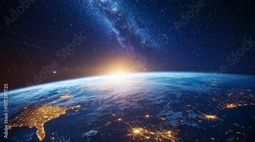 Photorealistic Earth from space with city lights glowing at night, with the Milky Way galaxy in the starry sky.