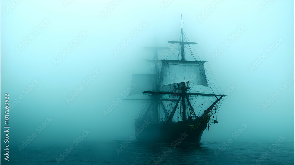 A ghostly ship emerges from thick fog on a calm sea. A ghostly ship emerges from thick fog on a calm sea.