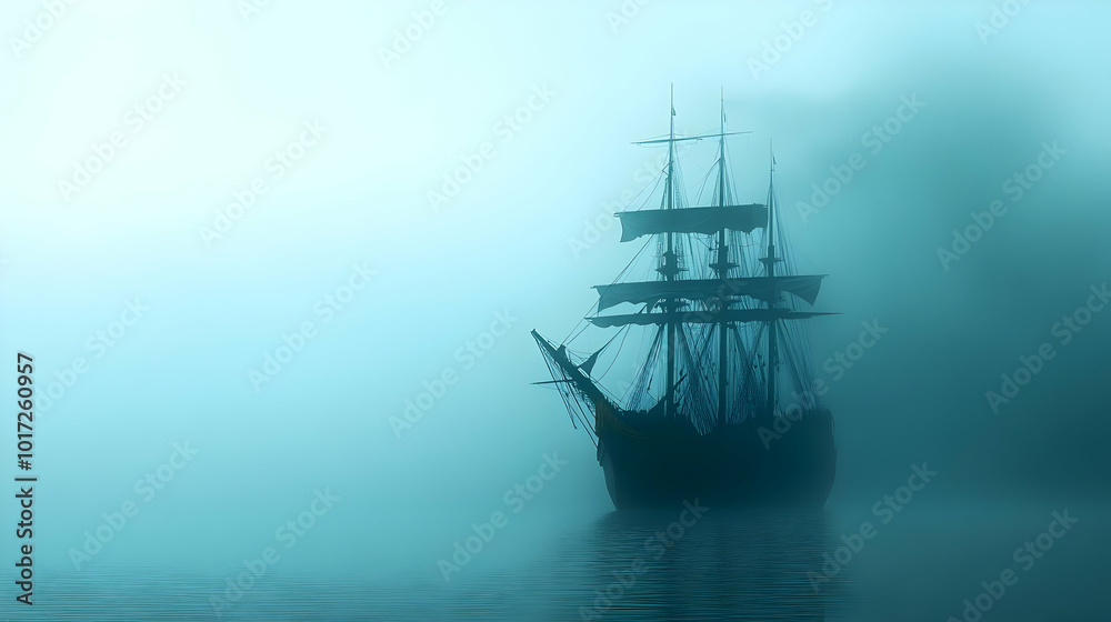 A ghostly ship emerges through a thick fog on calm waters. A ghostly ship emerges through a thick fog on calm waters.