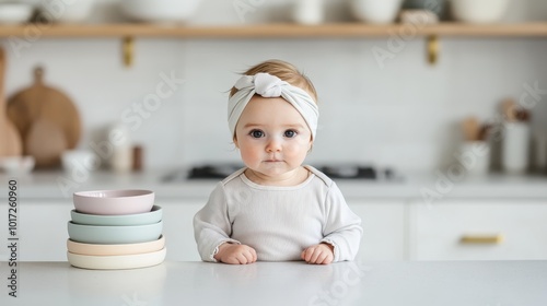 A cute baby with a headband sits in a bright, minimalist kitchen surrounded by pastel-colored bowls, capturing innocence and modern family life.