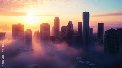 Urban skyline with morning haze on Monday morning, city awakening.