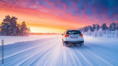 Car driving on a snowy road, at the night, beautiful aurora colors in the night winter sky. The winter landscape northern light.