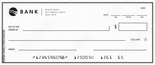 Bank check, vector blank money cheque, checkbook template with guilloche pattern and fields. Currency payment coupon, money check background