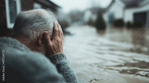 An elderly man faces the devastating aftermath of a flood, with his hands on his head, possibly overwhelmed by the scene of waterlogged houses around him. photo