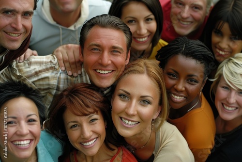 Group of diverse people smiling and looking at the camera in a row