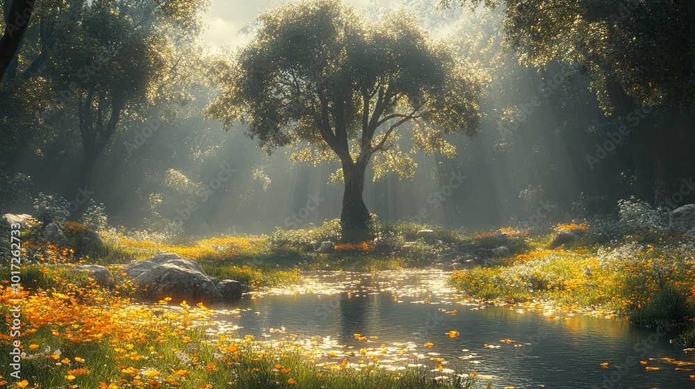 Enchanted Forest Stream: Tranquil Landscape with Sunlight Enchanted Forest Stream: Tranquil Landscape with Sunlight