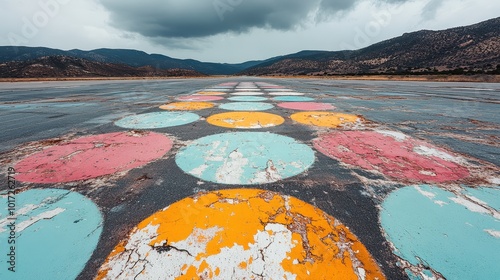 An abandoned runway with vibrant colorful circles stands out dramatically under threatening dark storm clouds, offering a striking contrast and mood of anticipation.