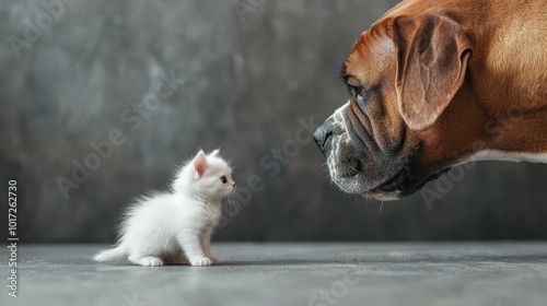 A tender scene unfolds as a tiny kitten and a large dog exchange looks of wonder and intrigue, representing budding friendship and the wonder of first meetings. photo