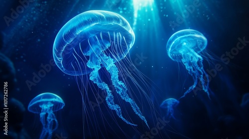 Glowing jellyfish illuminate deep blue ocean, underwater glowtime, captivating surreal marine life.