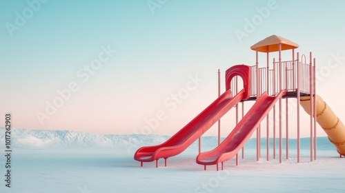 A bright, multi-colored playground slide stands prominently against a serene, snow-covered landscape, contrasting cheerful playfulness with tranquil winter calm. photo