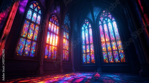 Vibrant sacred glow from stained glass windows in a dark cathedral, exuding spiritual majesty.