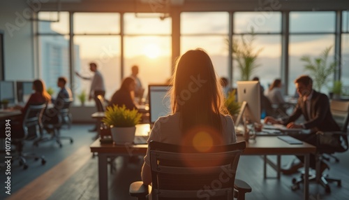 An open office space filled with desks and people working on computers, with sunlight streaming through large windows. The environment has a collaborative and productive atmosphere.