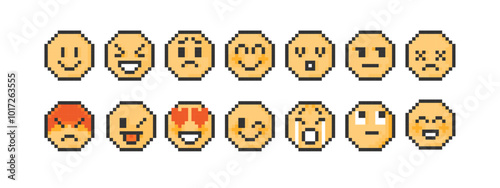 顔文字のドット絵 ピクセル ベクター アイコン セット 1 ( 表情 ポップ レトロ 懐かしい ビデオゲーム )