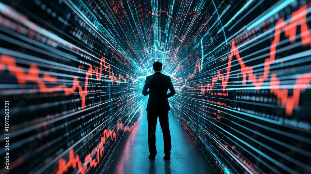 Confused individual navigating maze of stock market graphs depicting market uncertainty. Confused individual navigating maze of stock market graphs depicting market uncertainty.