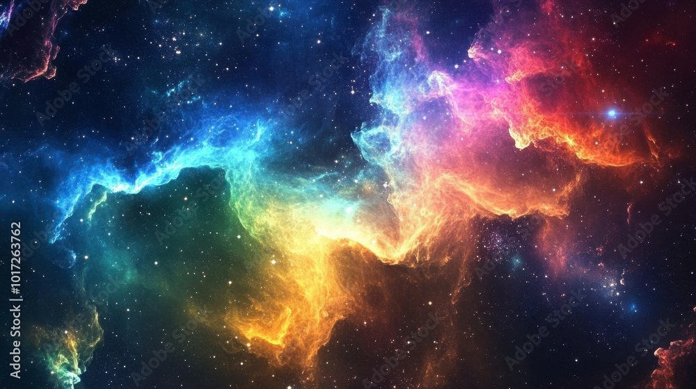 Fototapeta premium A vast, colorful nebula with swirling tendrils of gas illuminated by distant stars.