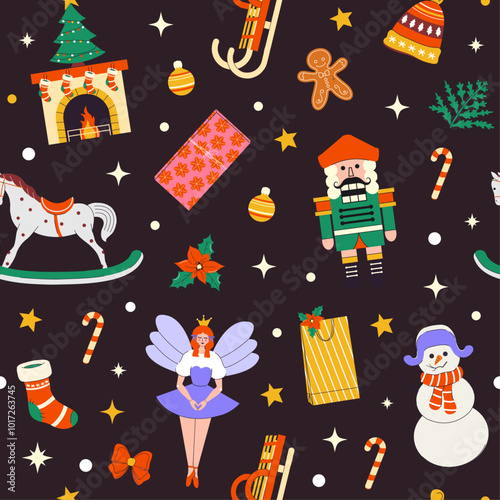 Seamless pattern for wrapping gift. New Year and Christmas. Elements, shapes. Paper.  Fireplace, snowman, gifts, fairy, Christmas tree, sleigh. Hand drawn. Doodle. Xmas. Wallpaper texture. December 25