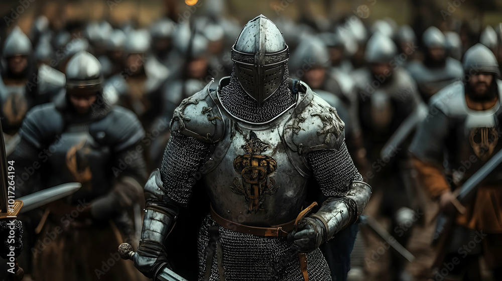 A group of armored knights preparing for battle in a forest setting. A group of armored knights preparing for battle in a forest setting.