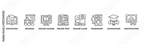 Online training banner web icon vector illustration concept with icon of education, seminar, online course, online test, online class, workshop, graduation, certification