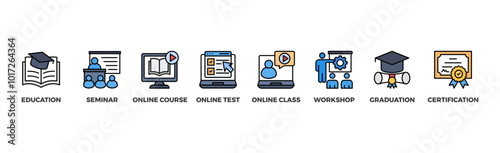 Online training banner web icon vector illustration concept with icon of education, seminar, online course, online test, online class, workshop, graduation, certification
