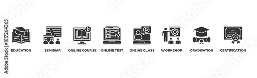 Online training banner web icon vector illustration concept with icon of education, seminar, online course, online test, online class, workshop, graduation, certification