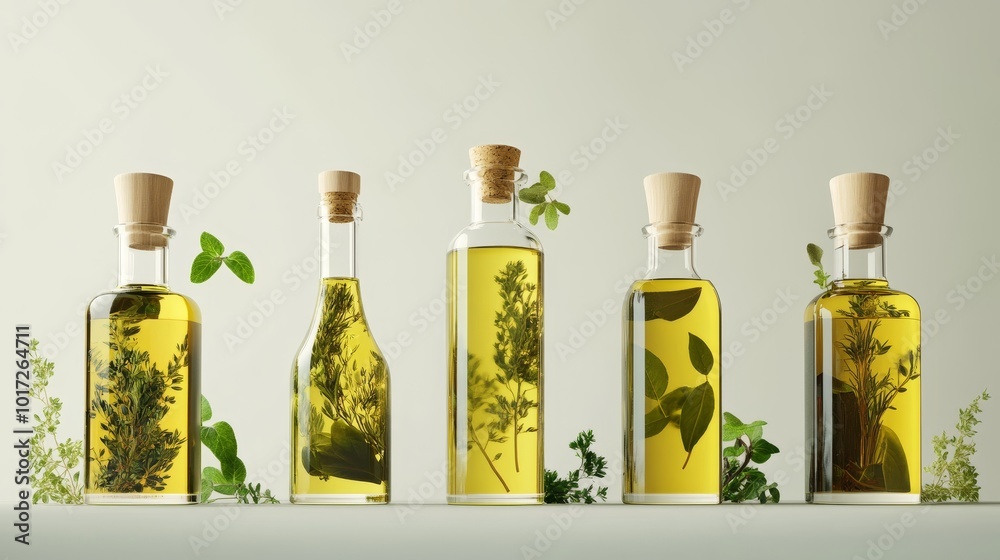Herb-infused oils in bottles with herbs, 3D rendering. Herb-infused oils in bottles with herbs, 3D rendering.