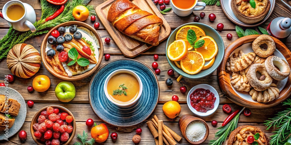 On a cold morning, a cozy breakfast spread of warm dishes, fresh ingredients, and piping hot coffee welcomes On a cold morning, a cozy breakfast spread of warm dishes, fresh ingredients, and piping hot coffee welcomes