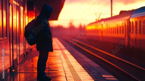 Person standing at dawn on train station platform ready for a new adventure.