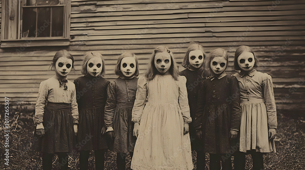 Naklejka premium A haunting image of girls with pale faces and dark eyes.