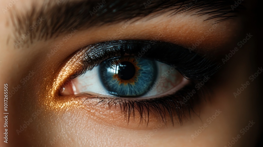 Close-up photo of blue-eyed individual with dark makeup. Close-up photo of blue-eyed individual with dark makeup.