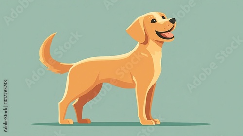 A cartoon dog with a happy expression is standing on a green background