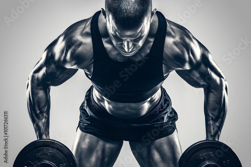 Dramatic Silhouette of a Muscular Fitness Trainer During Intense Workout with Dumbbells photo