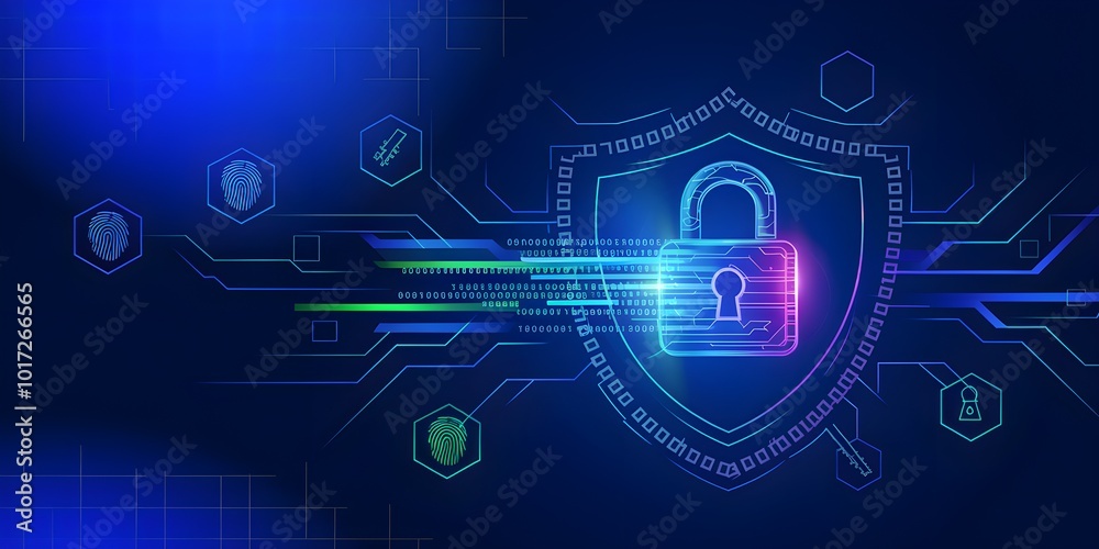 Obraz premium Futuristic Cybersecurity Digital Shield Concept with Neon Circuit Board Pattern