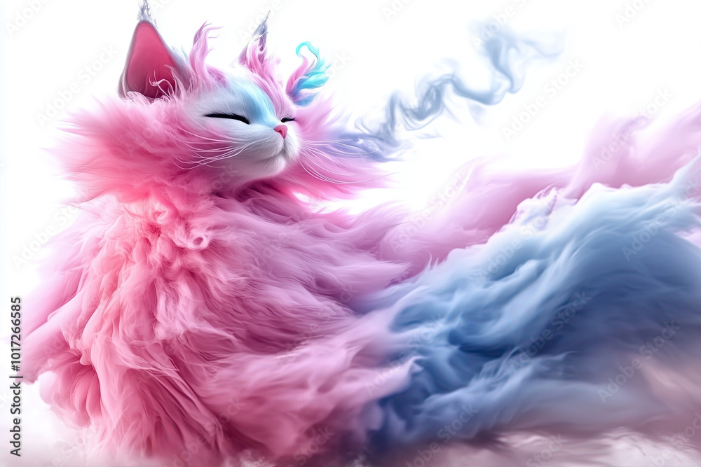 Naklejka premium animal art, cat with pink and blue fur made of smoke, fluffy tail like clouds, cute, flying in the wind on white background, photorealistic