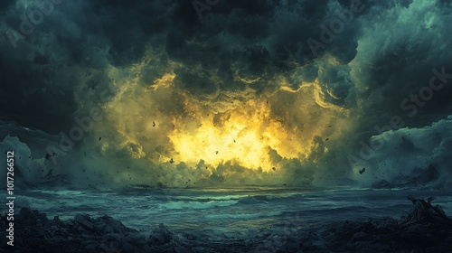 A dramatic landscape depicting a turbulent sea under an ominous sky, illuminated by a fiery explosion.