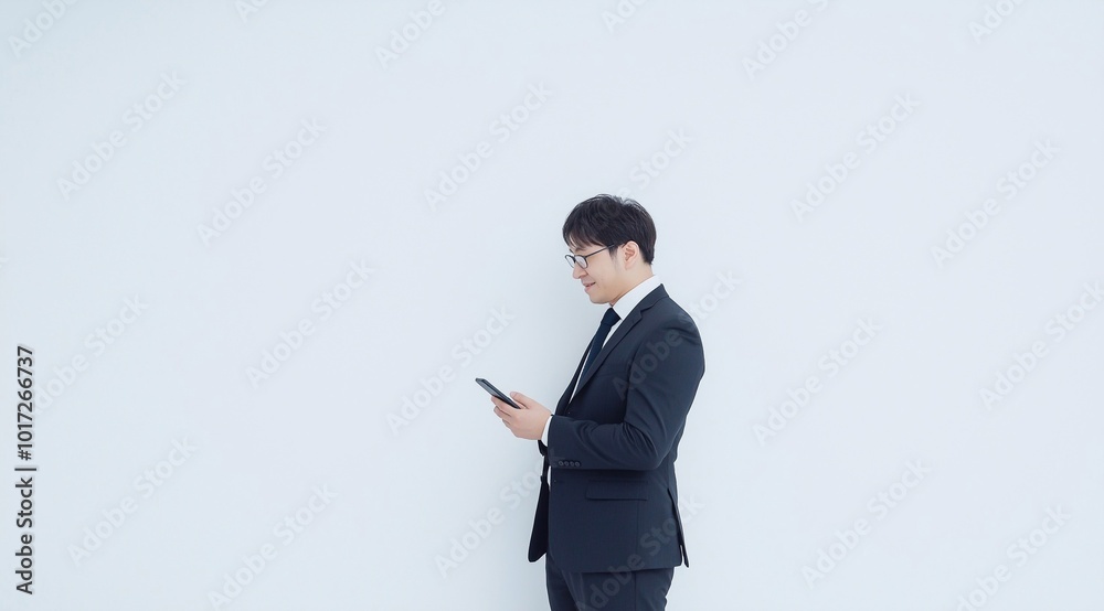 Smiling Korean business man in suit using cellphone. Happy professional asian businessman holding mobile phone standing isolated on white. Bank finance app on smartphone ads. Smiling Korean business man in suit using cellphone. Happy professional asian businessman holding mobile phone standing isolated on white. Bank finance app on smartphone ads.